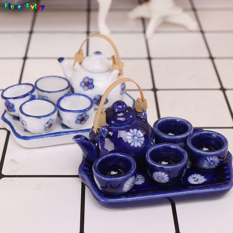 ชุดกาน้ำชาเซรามิกขนาดเล็กอุปกรณ์เสริมสำหรับบ้านตุ๊กตา1ชุด1/12ชุดกาน้ำชาจำลองถ้วยปากกว้างโมเดลของเล่นของตกแต่งบ้านตุ๊กตา