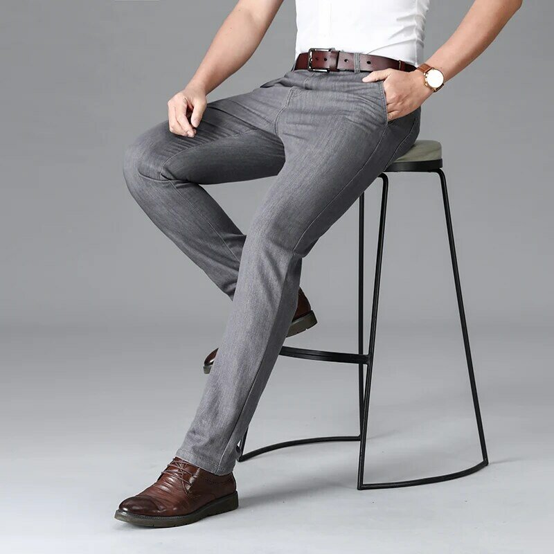 Celana panjang bisnis pria, Jeans abu-abu kelas atas lurus longgar elastis sederhana santai untuk kerja