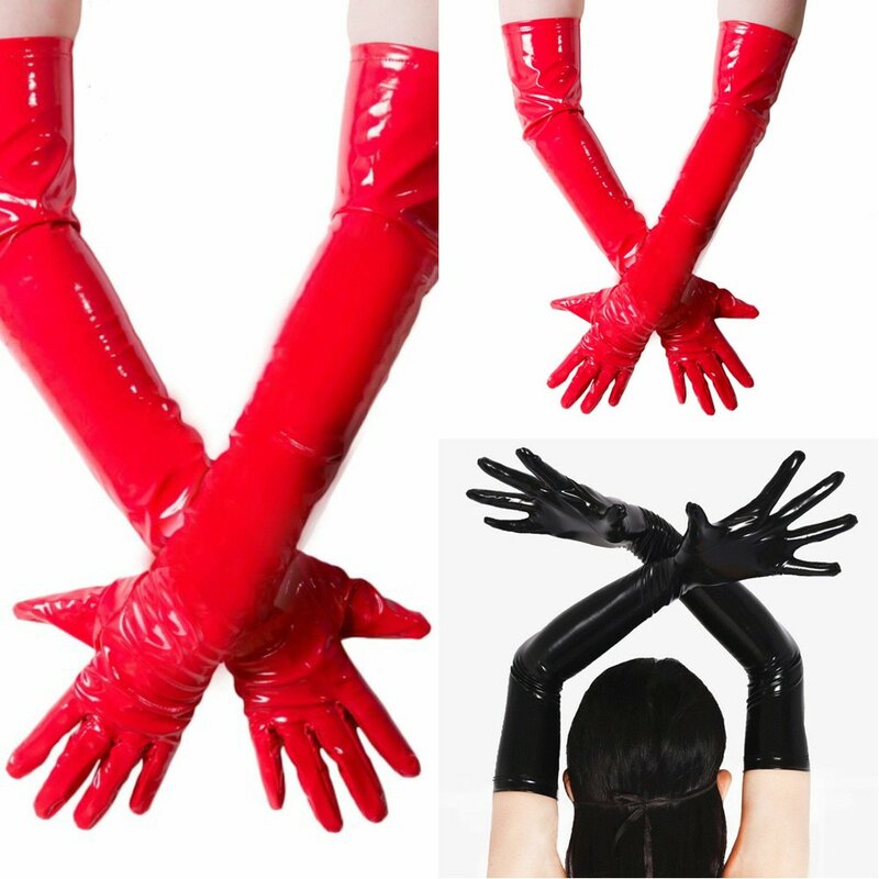 Women Men Wet Look Shiny Sexy Black Red PVC Long Gloves Club Performance Street Dance Costume Solid Ladies Fashion Opera Gloves