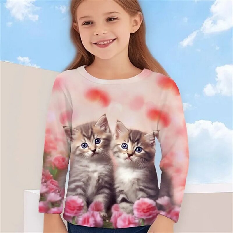 2024 Summer Girls Boy Children T-Shirts Fashion Cat Print O-Neck Clothing Polyester Baby Clothes Casual Cartoon Short Sleeve Top