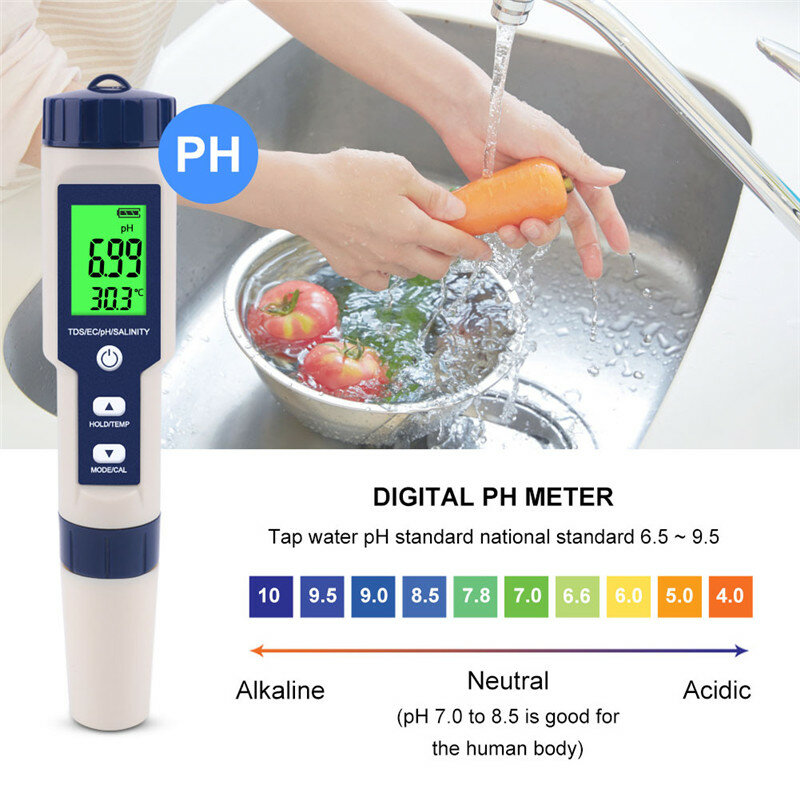 Yieryi 5 in 1 TDS EC PH Salinity Temperature Meter Digital Water Quality Monitor Tester for Spa Pools Aquariums