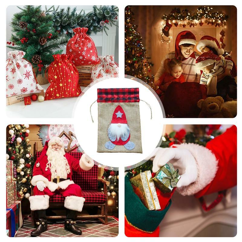 ドローストリング付きクリスマスプリントギフトバッグ、かわいいフェイスレス人形、天然黄麻布バッグ、ジュートギフトバッグ、コットンリネン