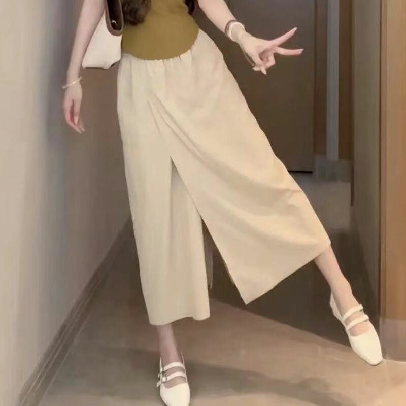 Split Culottes A-Line Cropped Pants Summer Commute Wide Leg Female Clothing Basic High Waist Elastic Solid Color Casual Pants