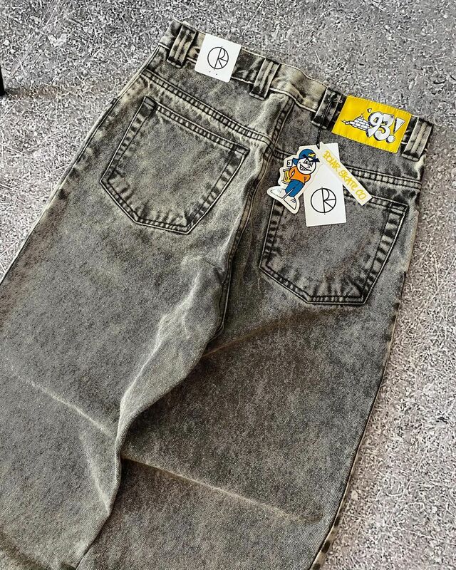 Nowa uliczna polarna Skate Co wyszywany wzór szara sprane dżinsy deskorolka marka koreańska modne spodnie z szerokimi nogawkami w stylu Harajuku
