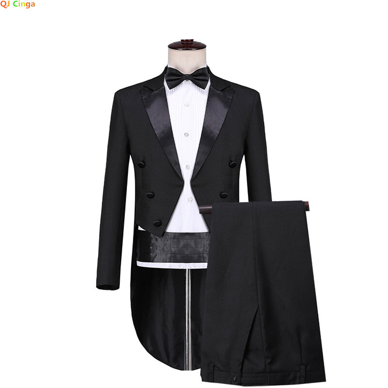 Mens Tuxedo Tailcoat Formal Dress Suits Swallow Tail Coat Navy Blue Male Jacket and Pants Party Wedding Dance Magic Performance