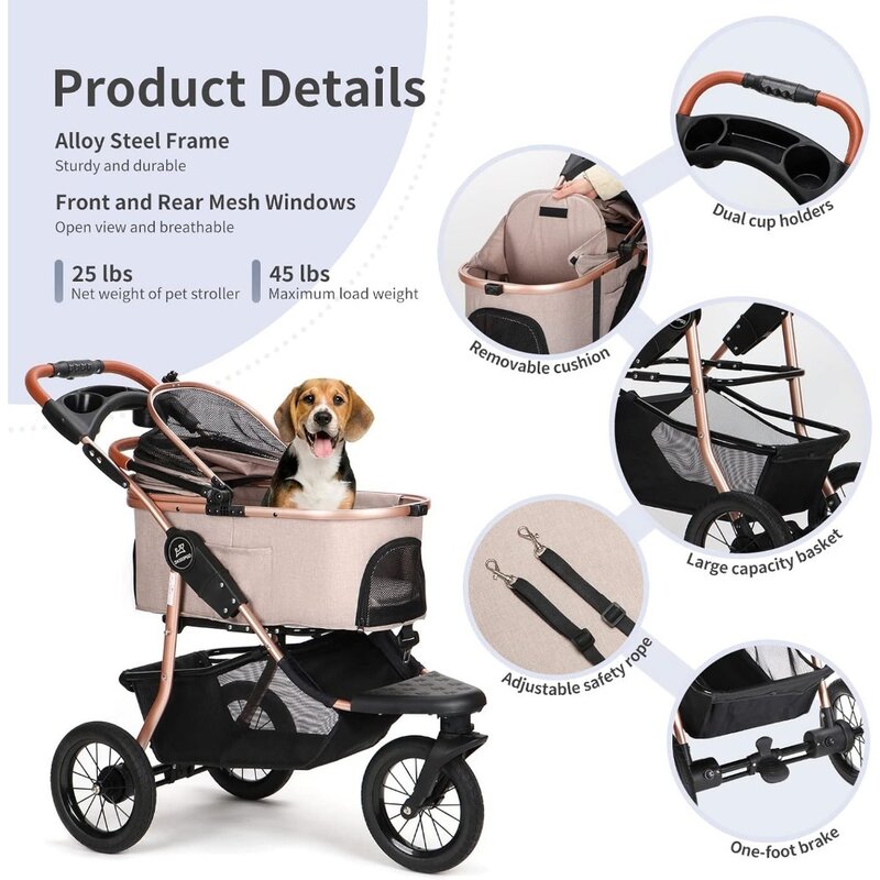 Foldable pet jogging stroller suitable for small and medium-sized dogs and cats, 3-in-1 durable rubber for dog jogging strollers