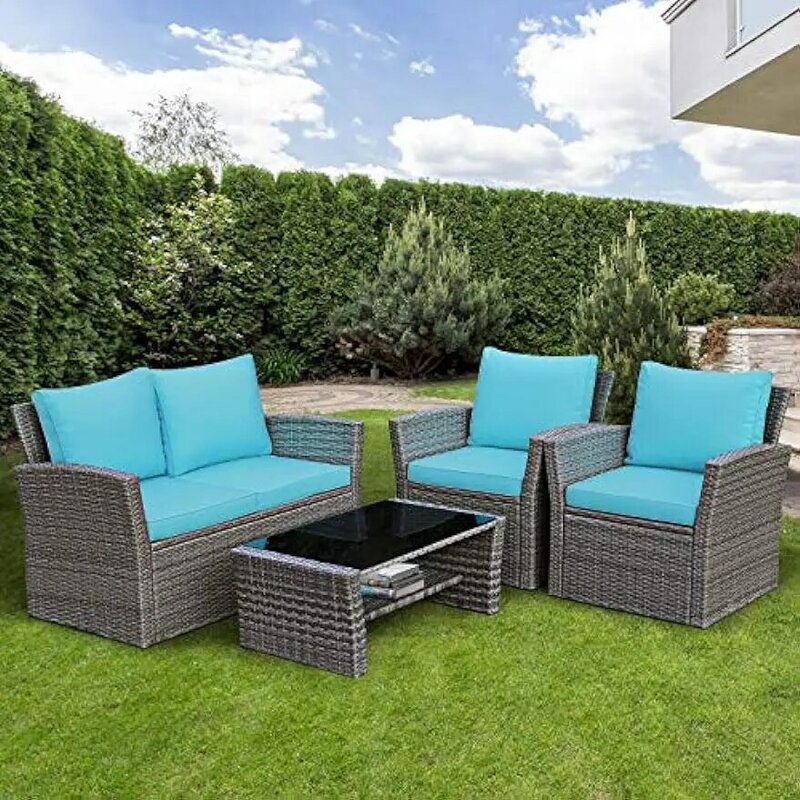 4 Pieces Patio Furniture Set, All Weather Outdoor Sectional Rattan Sofa Set with Cushions & Tempered Glass Table (Turquoise)