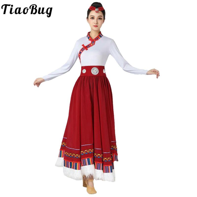 Womens Folk Dance Costumes Colorful Stripes Long Sleeve Tops Faux Fur Trim Wide Hemline Ruffled Flared Maxi Skirt Belt Headwear