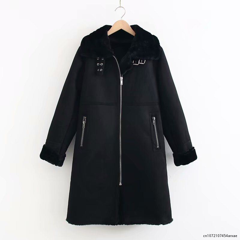Cappotto invernale lungo in pelle di pecora donna Solid Casual Zipper Warm Faux Leather giacche Ladies Casual Fur Collar jakets Black Khaki