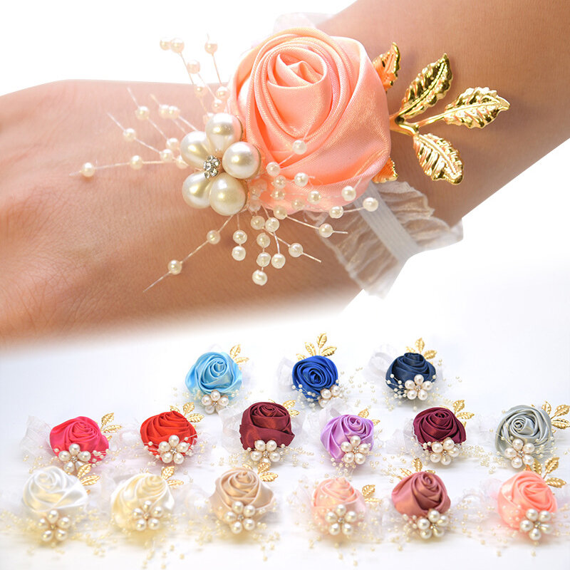 Girl Bridesmaid Wrist Flower Corsage Wedding Prom Party Pearl Bracelet Fabric Hand Flower Wedding Accessory Bangle Jewelry