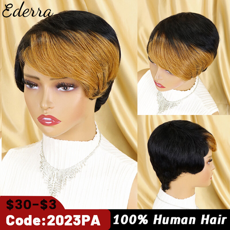 Krótki ludzki włos peruka fryzura Pixie prosto brazylijski ludzki włos peruki dla czarnych kobiet pełna maszyna wykonana tanie Glueless peruka Ombre