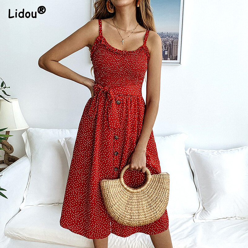 Fashion Summer New Women's Clothing O-neck Camisole Sleeveless Solid Color Comfortable Loose Belt Empire Button Dresses 2022