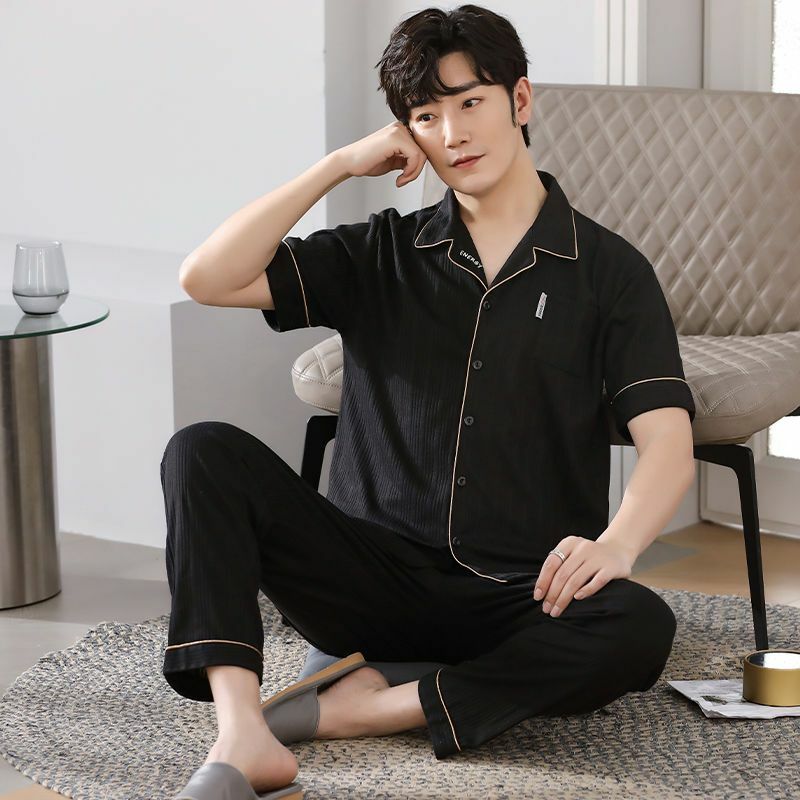 Хлопковая пижама большого размера, мужской кардиган с коротким рукавом и брюки, пижамный комплект, домашняя одежда на пуговицах, домашние комплекты одежды для отдыха, свободная Корейская спортивная одежда