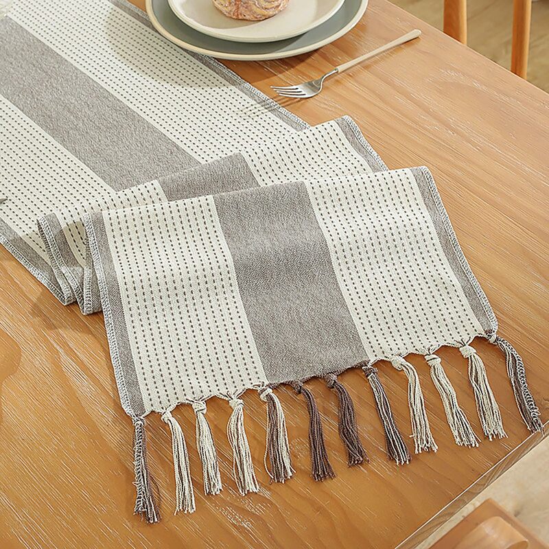 Burlap Table Runner with Tassels Boho Wide Striped Farmhouse Linen Table Runner Table Cover for Party Holiday Home Kitchen Decor