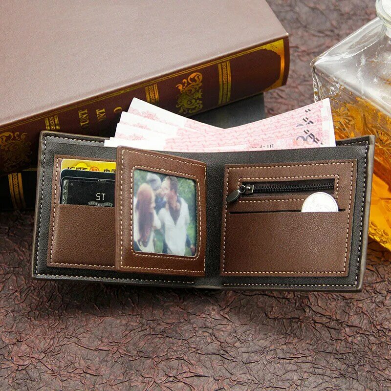 Carteira de couro fosco masculina, bolso de moedas clássico, carteira masculina pequena, porta-cartão, curto, fino, porta-fotos, impressão, qualidade
