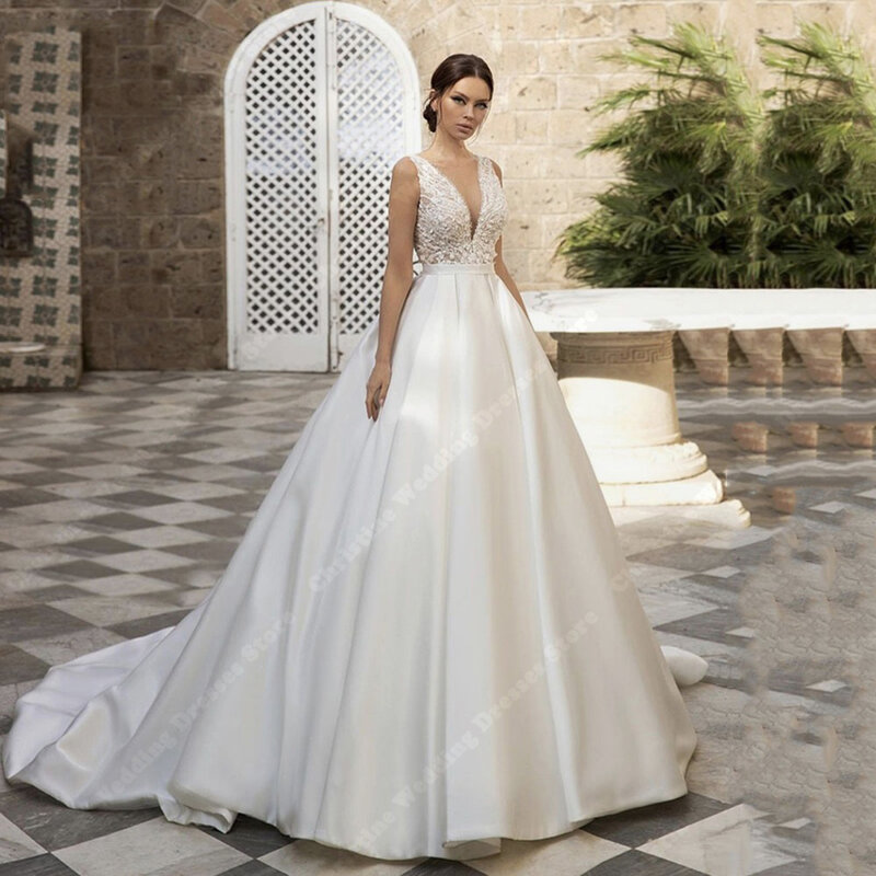 Новейшие блестящие кружевные свадебные платья 2024 с V-образным вырезом и аппликацией, привлекательный дизайн, трапециевидный силуэт, платье невесты с открытой спиной