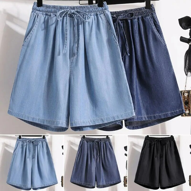 Breathable Summer Shorts Stylish Women's Knee-length Wide Leg Shorts with Elastic Waistband Drawstring Comfortable for Summer