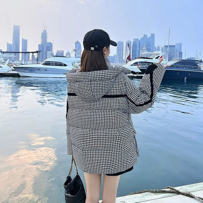Fashion Winter Jacket Womens 2023 New Down Cotton Coat Thousand Bird Plaid Parkas Hooded Loose Padded Coats Female Outerwear