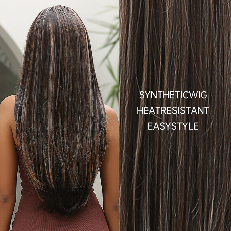Perucas sintéticas retas longas para mulheres negras, cabelo natural, resistente ao calor, peruca cosplay feminina, preto misto, loiro, marrom