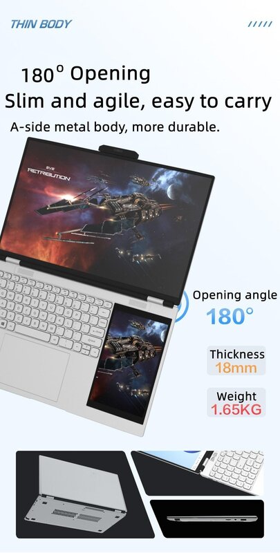 Dual Screen Laptop 15.6 Inch 2K Ips + 7 Inch Touchscreen Intel N5105 Gaming Laptop Ddr4 16Gb 1Tb Ssd Notebook Computer