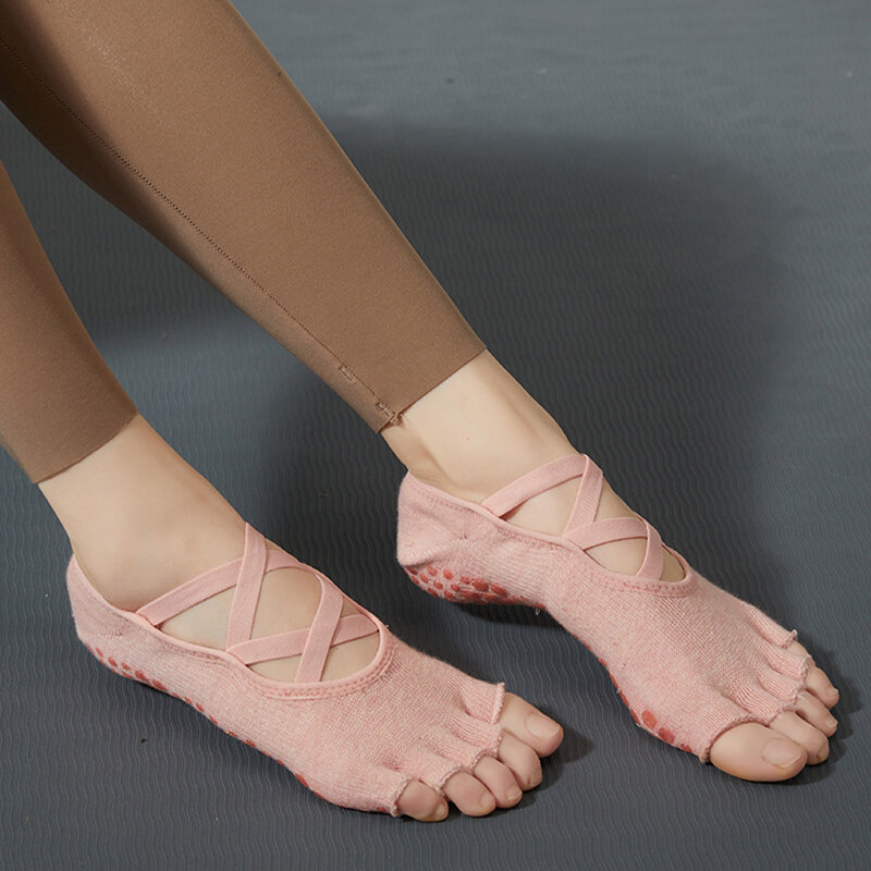 1 paio di calzini da Yoga professionali a cinque dita senza schienale in Silicone di cotone impugnature antiscivolo Fitness Pilates calzini da palestra per danza classica