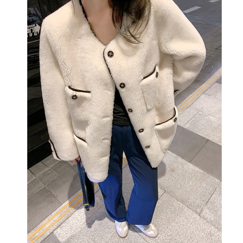 Abrigo de lana de oveja medio y largo para mujer, abrigo integrado de piel de cordero, versión coreana, celebridad de temperamento, nuevo estilo