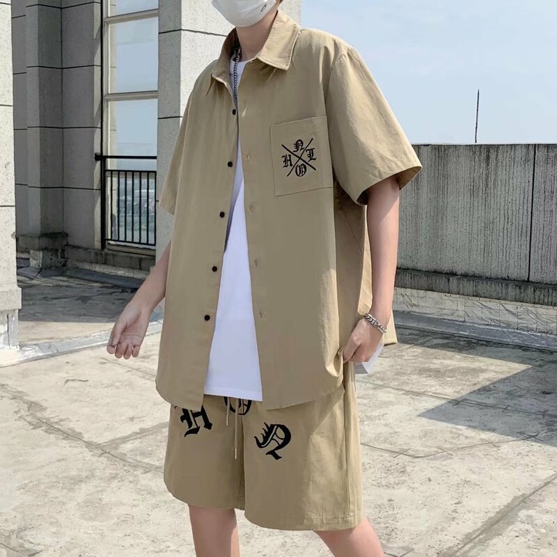 레트로 남성 여성 일본 문자 자수 라펠 반팔 셔츠, 루즈 반바지 캐주얼 세트, 패션 스포츠 세트, 여름, 2 개 세트