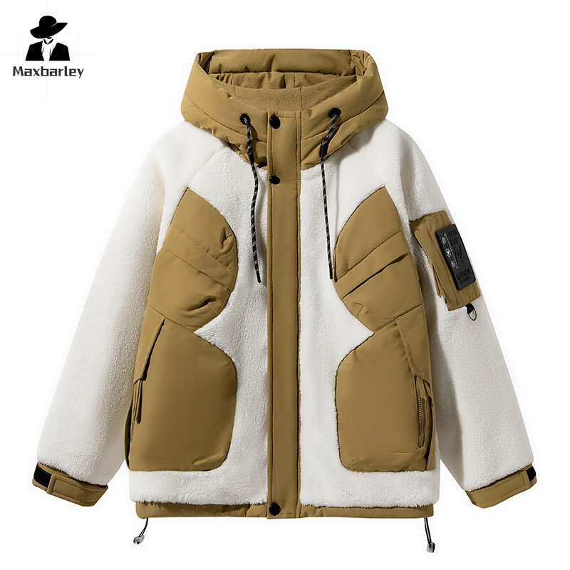 Lamb cashmere patchwork trendy down jacket Japanese versatile loose hooded jacket men's winter top graphene heat storage