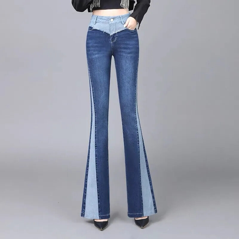 Женские джинсовые брюки с высокой талией, джинсовые брюки контрастных цветов с высокой посадкой, Новинка осени 2024