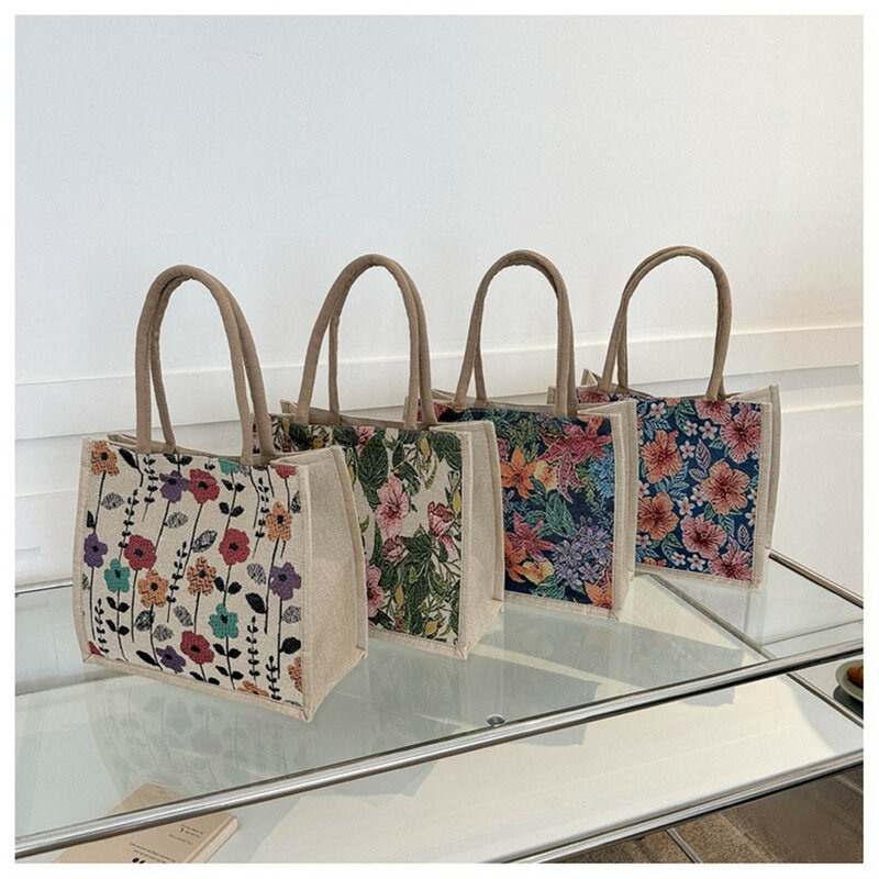 Винтажная женская сумка, льняной тоут с цветочным принтом, вместительная сумочка, повседневный саквояж на плечо, простая Экологически чистая сумка для покупок с ручками сверху