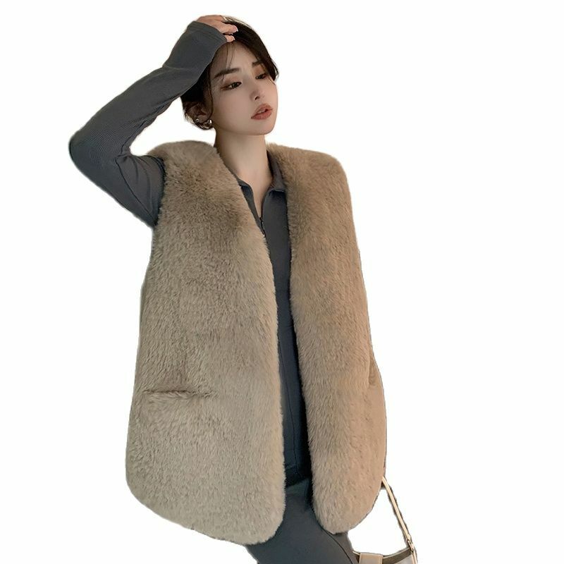 Abrigo de piel sintética sin mangas para mujer joven, chaleco grueso, cálido, largo, corte recto, moda, gran oferta, Invierno