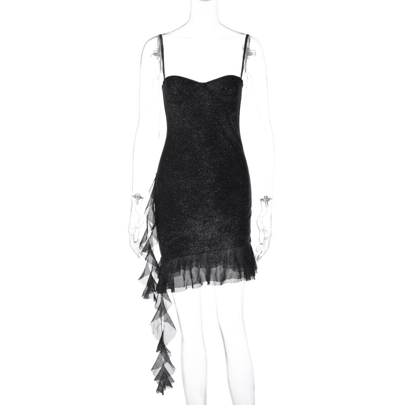 Lygens-Vestido feminino com cinta esparguete com glitter, mini babados, borla, festa noturna, roupas casuais elegantes