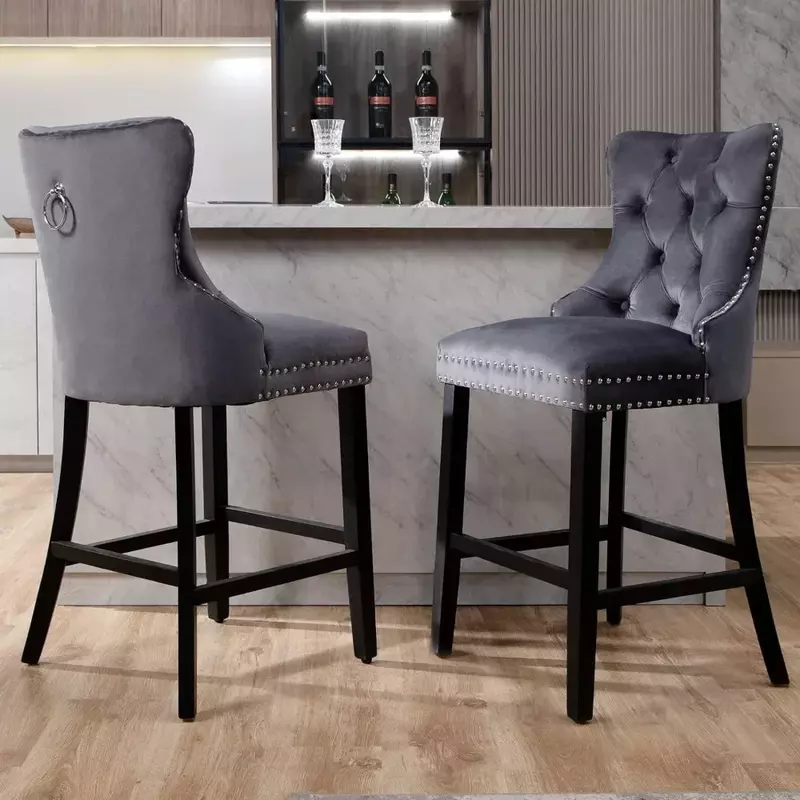 Bar Stools Set of 2, Tufted Wingback Barstools, Velvet Dining Chair Stool, Wood Legs, Padded Seat, Button Trim, Bar Chair