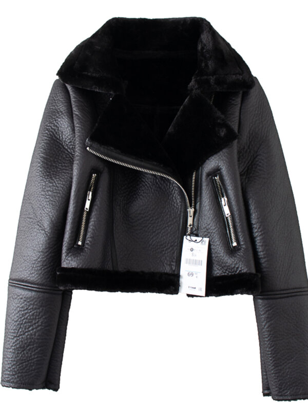Nowa zimowa kurtka brązowa sztuczna skóra ze sztucznego futra ciepła, krótka Biker Streetwear skórzana kurtka motocyklowa ze sztucznego futra