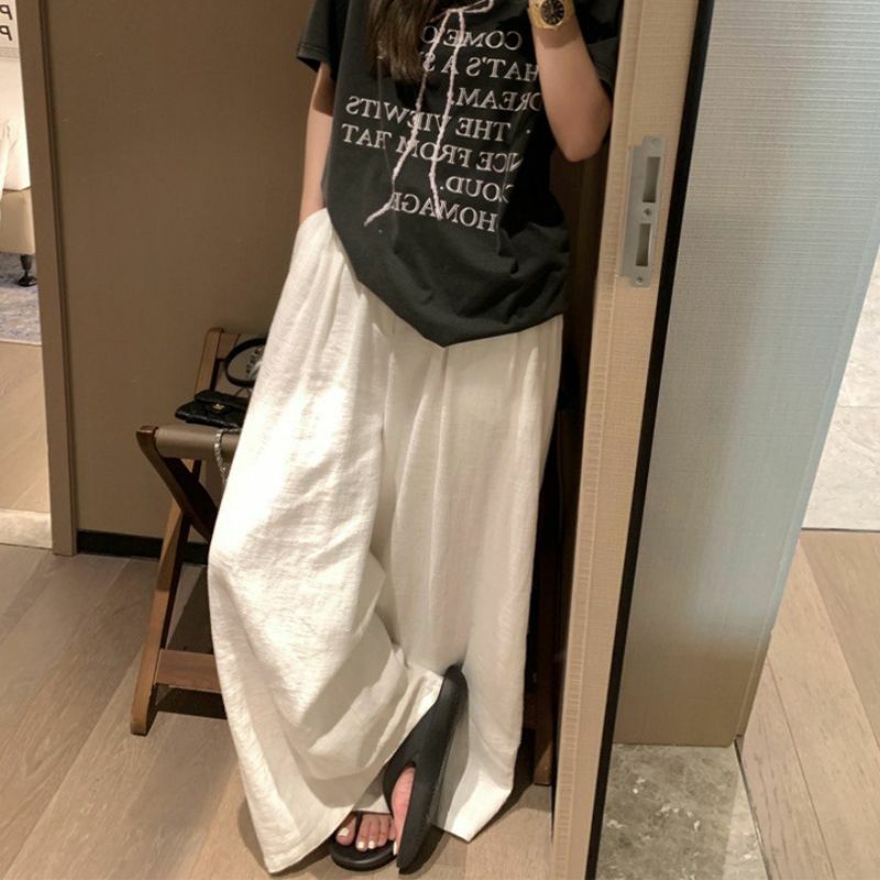 QWEEK-pantalones de lino informales de gran tamaño para mujer, pantalón básico holgado de pierna ancha, Harajuku, cintura alta, moda Vintage de verano