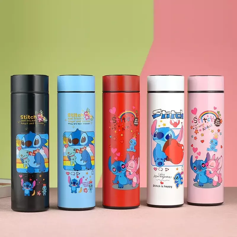 Disney Anime Stitch 500ml cangkir termos portabel olahraga intelijen botol air pecinta siswa luar ruangan perjalanan Mug hadiah ulang tahun