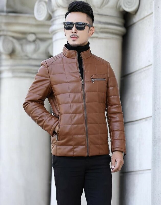 Zimowa nowa męska krótka płaszcz ze stojącym kołnierzem norek męska szczupła kurtka skóra motocyklowa ciepła przypływ koreańskie Casual męska kurtka puchowa M-4XL