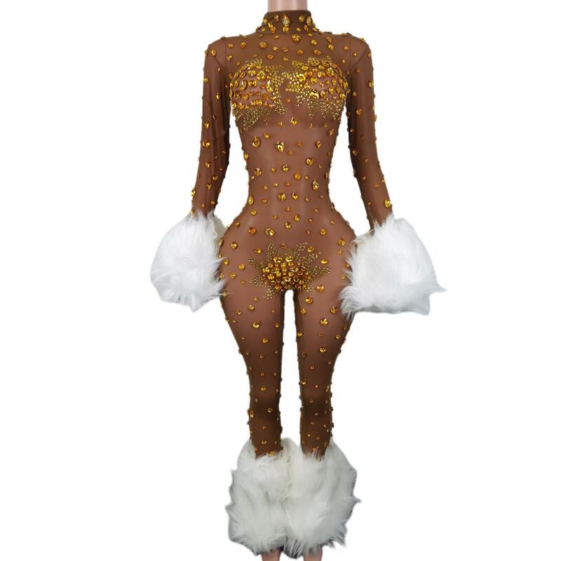 Luxury Las Vegas Women Rhinestone Furry Jumpsuits Nightclub Party Stage Wear Dance Rave Festival Drag Queen Costume Guibin