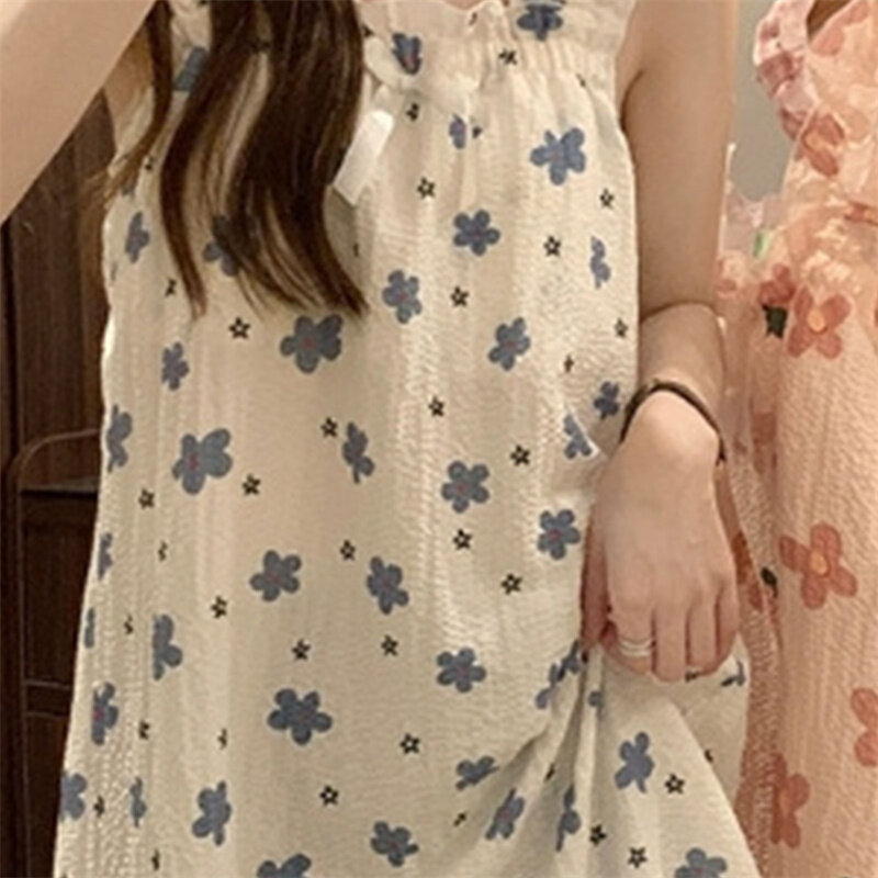 Женская Летняя Повседневная Ночная рубашка средней длины на бретельках с цветочным принтом, домашняя одежда