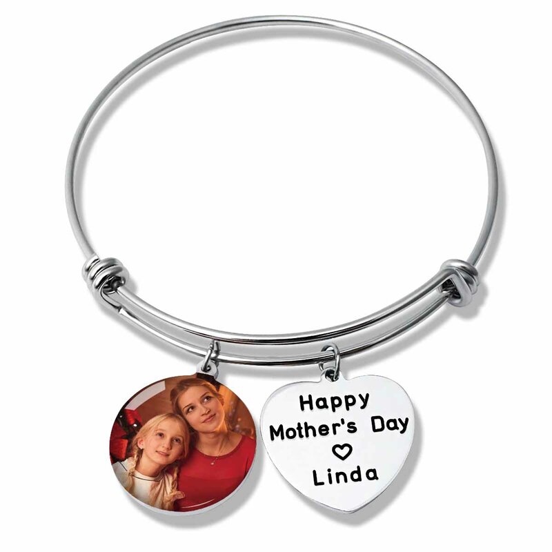 Custom Photo Bracelet Personalized Photo Bangle Engraved Text Bracelet with Picture Charm for Women Heart Bangles Christmas Gift