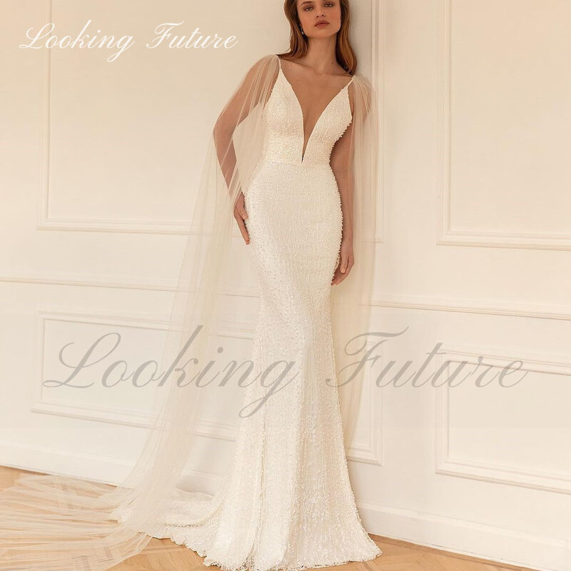 Shining Sleeveless V Neck Luxury Wedding Dress Glitter Deep Backless Beading Sequined Bridal Gown Morden Vestido de Novia 2024
