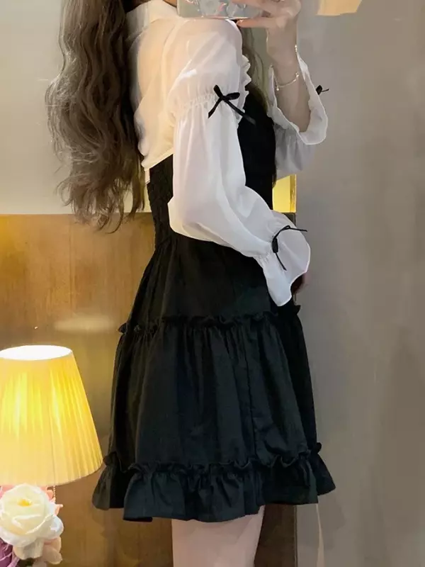 Japanse Zoete Lolita Prinsessenjurk Vrouwen Strik Ruches Zwarte Kawai Party Mini Jurken Dames Koreaanse Mode Vestidos Herfst 2024
