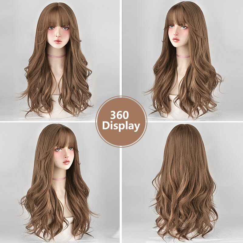 7JHH WIGS Honey Brown Wig High Density Loose Body Wave Brown Wig for Women Heat Resistant Synthetic Hair Wigs with Neat Bangs