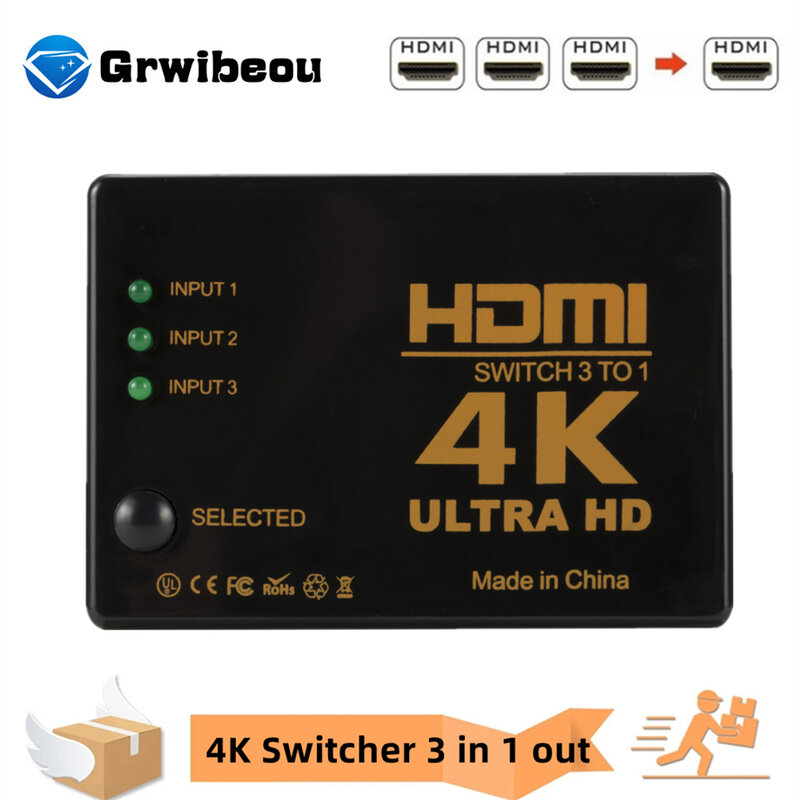 Grwibeou hdmi switch 4k switcher 3 em 1 para fora hd 1080p vídeo cabo divisor 1x3 hub adaptador conversor para ps4/3 tv caixa hdtv pc