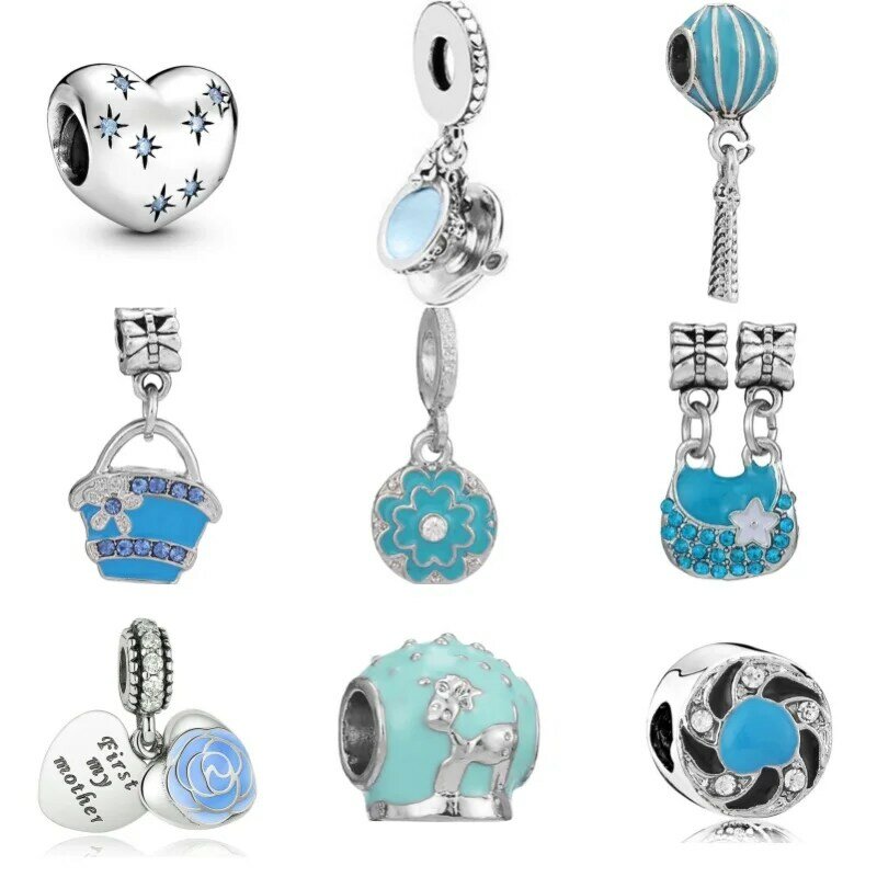 Berlapis perak seri biru muda liontin manik-manik jimat untuk Kalung Pandora Gelang gantungan kunci DIY perhiasan halus hadiah Hari Ibu