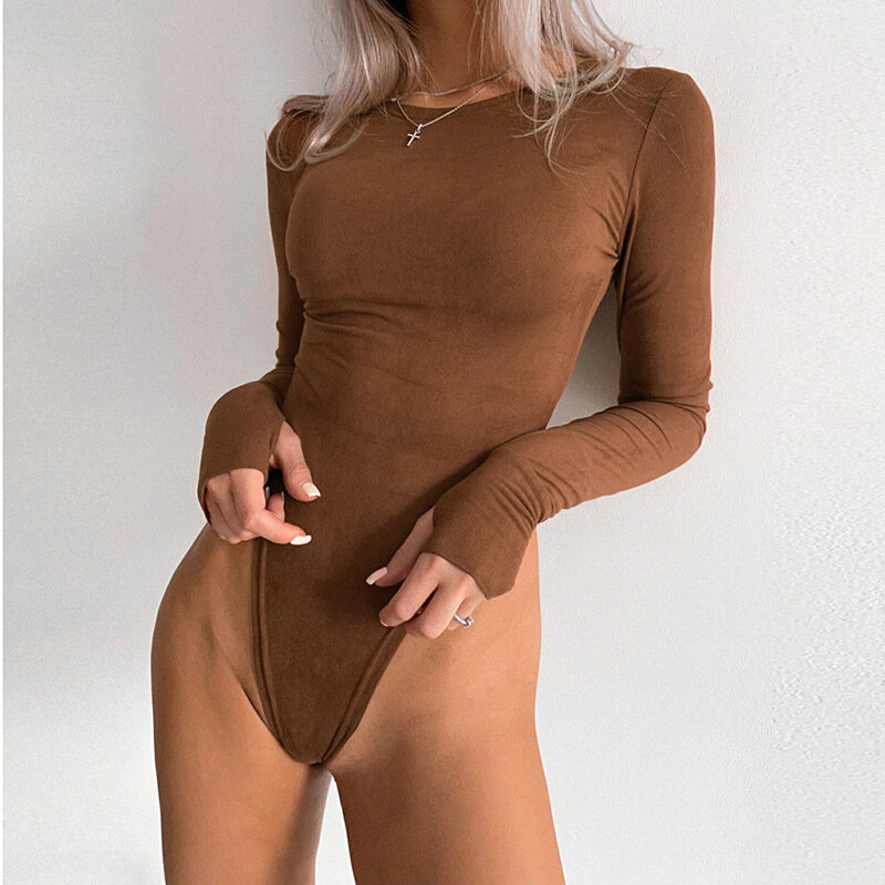 Kobiety Sexy body z długim rękawem Streetwear kombinezony moda Vintage O Neck jednolity strój podstawowe obcisłe body Romper Ladies