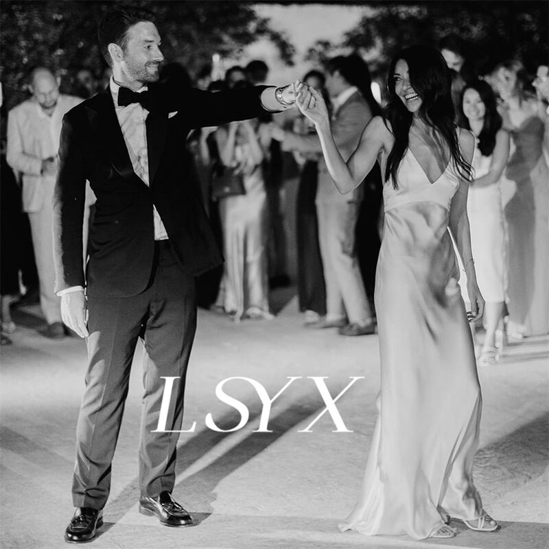 LSYX 여성용 딥 브이넥 민소매 새틴 인어 웨딩 드레스, 오픈 백 코트 트레인 신부 가운, 맞춤 제작 샘플