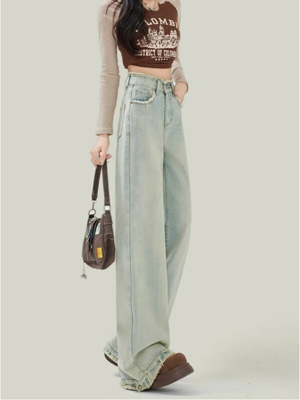 Celana Jeans lurus wanita, bawahan Denim kaki lebar kasual sederhana Retro pinggang tinggi musim semi 2024