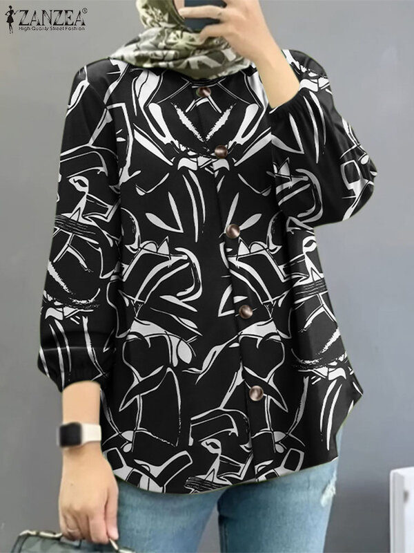 ZANZEA-Blusa floral estampada feminina, camisa vintage, casual e elegante, tops de trabalho, abaya muçulmana, ramadã, moda outono