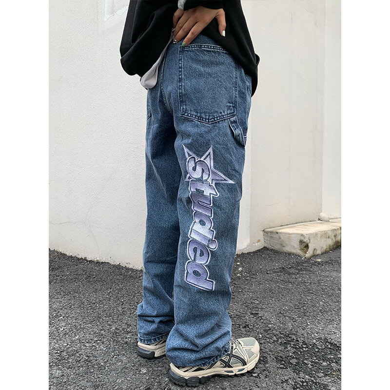 New men's jeans letter star print y2k American style hip hop high waist loose straight zipper fashion denim trousers hot sale